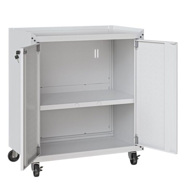 Manhattan Comfort Fortress Textured Metal 31.5" Garage Mobile Cabinet with 2 Adjustable Shelves in White