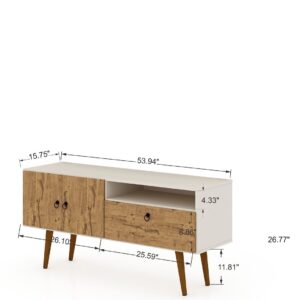 Manhattan Comfort Tribeca 53.94 Mid-Century Modern TV Stand with Solid Wood Legs in Off White and Nature