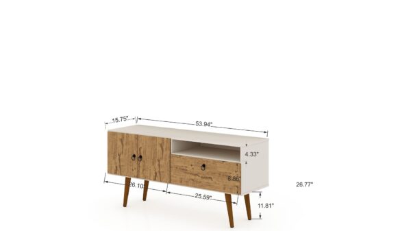 Manhattan Comfort Tribeca 53.94 Mid-Century Modern TV Stand with Solid Wood Legs in Off White and Nature