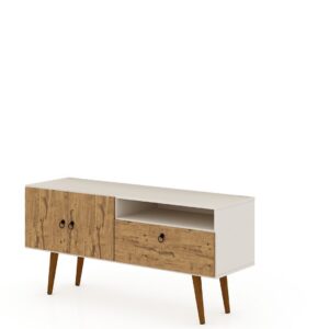 Manhattan Comfort Tribeca 53.94 Mid-Century Modern TV Stand with Solid Wood Legs in Off White and Nature