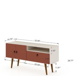 Manhattan Comfort Tribeca 53.94 Mid-Century Modern TV Stand with Solid Wood Legs in Off White and Terra Orange Pink