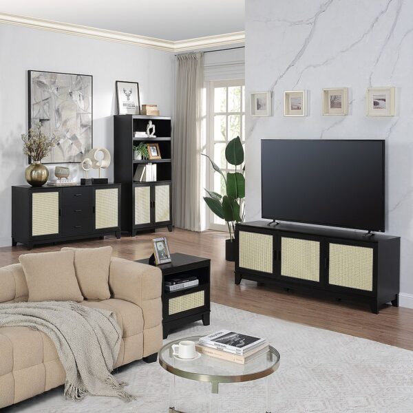 Manhattan Comfort Sheridan Modern Cane 4-Piece Set: Bookcase, TV Stand, Sideboard, End Table in Black