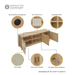 Manhattan Comfort Sheridan Modern Cane 4-Piece Set: Bookcase, TV Stand, Sideboard, End Table in Nature