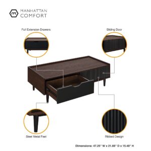 Manhattan Comfort Duane Modern Ribbed 4 Piece Living Room Set: Sideboard, TV Stand, Coffee Table, End Table in Dark Brown and Black