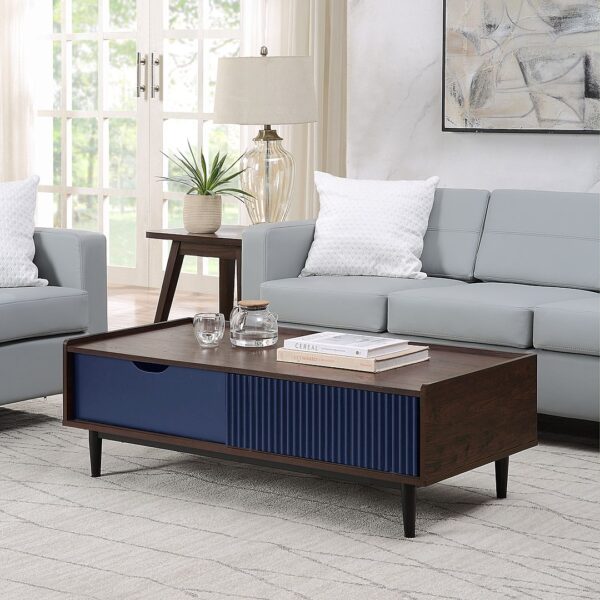 Manhattan Comfort Duane Modern Ribbed 4 Piece Living Room Set: Sideboard, TV Stand, Coffee Table, End Table in Dark Brown and Navy Blue