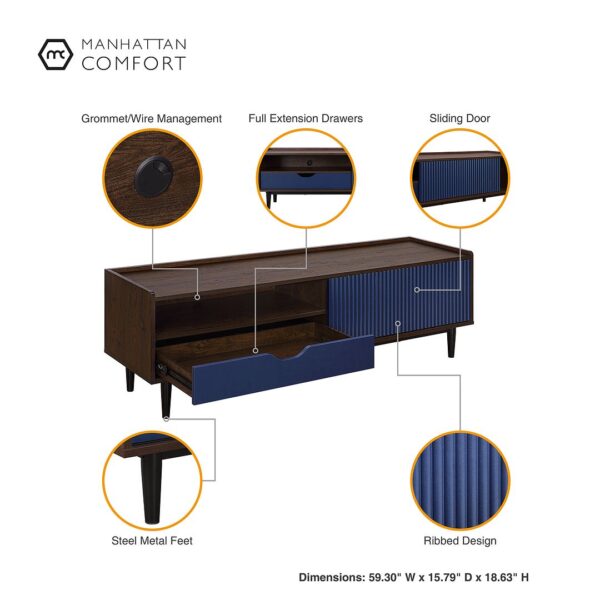 Manhattan Comfort Duane Modern Ribbed 4 Piece Living Room Set: Sideboard, TV Stand, Coffee Table, End Table in Dark Brown and Navy Blue