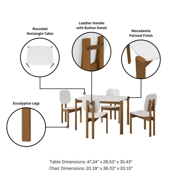 Manhattan Comfort Mid-Century Modern Gales 47.24 Dining Table with Solid Wood Legs in White - Set of 5