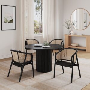 Manhattan Comfort 5-Piece Hathaway Modern 47.24 Solid Wood Round Dining Set in Black with 4 Versailles Cane Dining Chairs