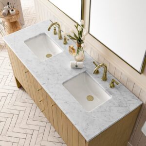 James Martin 435-V60D-LNO-3CAR Hudson 60 Inch Light Natural Oak Double Sink Vanity with 3 cm Carrara Marble Top