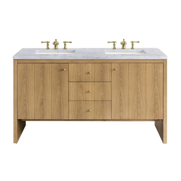 James Martin 435-V60D-LNO-3CAR Hudson 60 Inch Light Natural Oak Double Sink Vanity with 3 cm Carrara Marble Top