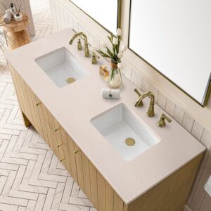 James Martin 435-V60D-LNO-3EMR Hudson 60 Inch Light Natural Oak Double Sink Vanity with 3 cm Eternal Marfil Top