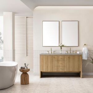 James Martin 435-V60D-LNO-3ESR Hudson 60 Inch Light Natural Oak Double Sink Vanity with 3 cm Eternal Serena Top