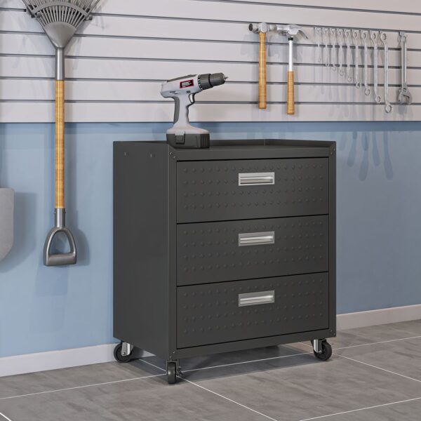 Manhattan Comfort Fortress Textured Metal 31.5" Garage Mobile Chest with 3 Full Extension Drawers in Charcoal Grey