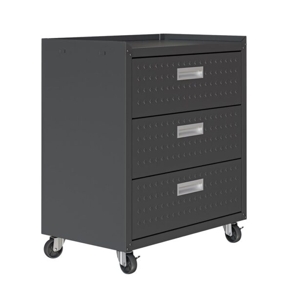 Manhattan Comfort Fortress Textured Metal 31.5" Garage Mobile Chest with 3 Full Extension Drawers in Charcoal Grey