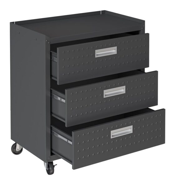 Manhattan Comfort Fortress Textured Metal 31.5" Garage Mobile Chest with 3 Full Extension Drawers in Charcoal Grey