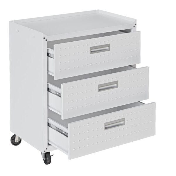 Manhattan Comfort Fortress Textured Metal 31.5" Garage Mobile Chest with 3 Full Extension Drawers in White