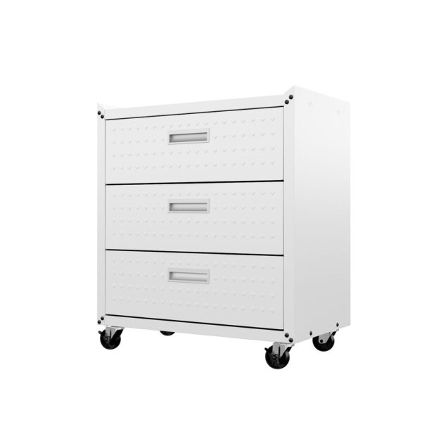 Manhattan Comfort Fortress Textured Metal 31.5" Garage Mobile Chest with 3 Full Extension Drawers in White