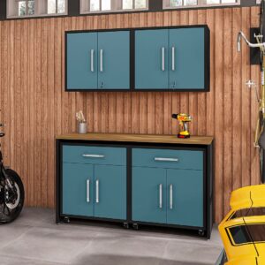 Manhattan Comfort Eiffel 5-Piece Garage Storage Set in Matte Black and Aqua Blue