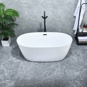 Altair 51659-BAT-WH-FB Rauris 59 1/8 x 28 3/8 Inch Flatbottom Freestanding Acrylic Soaking Bathtub with Drain and Overflow - Glossy White