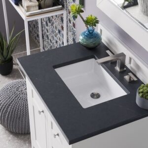 James Martin 527-V30-BW-3CSP Palisades 30 Inch Single Vanity in Bright White with 3 cm Charcoal Soapstone Quartz Top with Sink