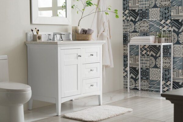 James Martin 527-V36-BW-3CAR Palisades 36 Inch Single Vanity in Bright White with 3 cm Carrara Marble Top