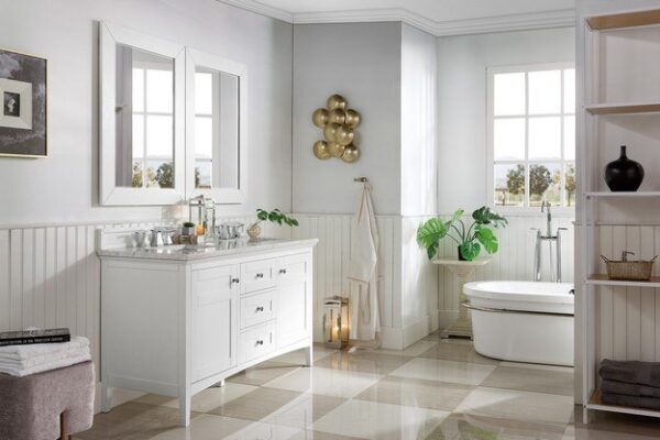 James Martin 527-V60D-BW-3AF Palisades 60 Inch Double Vanity in Bright White with 3 cm Arctic Fall Solid Surface Top