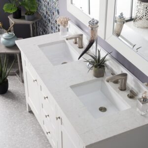 James Martin 527-V60D-BW-3EJP Palisades 60 Inch Double Vanity in Bright White with 3 cm Eternal Jasmine Pearl Quartz Top with Sink