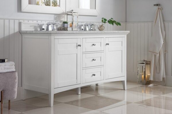 James Martin 527-V60D-BW-3AF Palisades 60 Inch Double Vanity in Bright White with 3 cm Arctic Fall Solid Surface Top