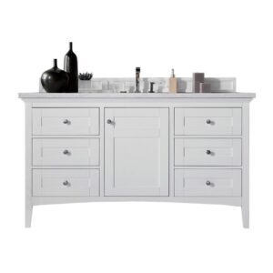 James Martin 527-V60S-BW-3EJP Palisades 60 Inch Single Vanity in Bright White with 3 cm Eternal Jasmine Pearl Quartz Top with Sink