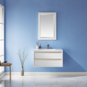 Altair 534036-WH-AW Morgan 36 Inch Single Sink Bathroom Vanity Set with Composite Carrara White Stone Countertop and Mirror