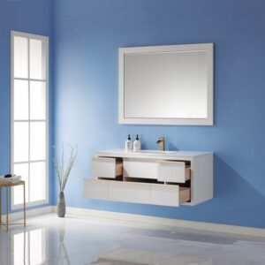 Altair 534048-WH-AW Morgan 48 Inch Single Sink Bathroom Vanity Set with Composite Carrara White Stone Countertop and Mirror