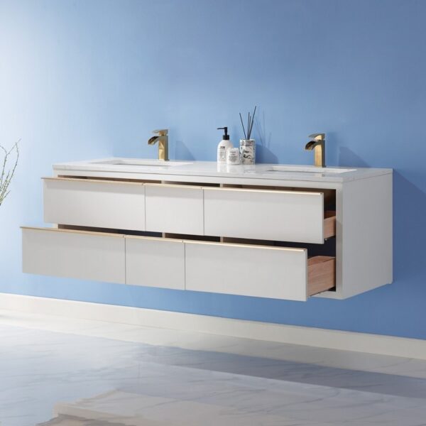 Altair 534060-WH-AW-NM Morgan 60 Inch Double Sink Bathroom Vanity with Composite Carrara White Stone Countertop