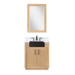 Altair 550030-WP-AW Novago 30 Inch Single Sink Bathroom Vanity with Carrara White Composite Stone Countertop and Farmhouse Sink with Mirror