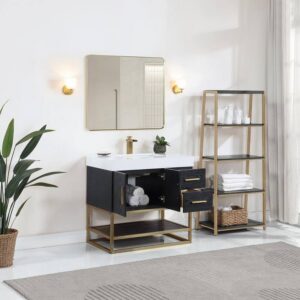 Altair 552036G-BO-WH Bianco 36 Inch Brushed Gold Support Base Freestanding Single Bathroom Vanity in Black Oak with White Composite Stone Countertop and Mirror