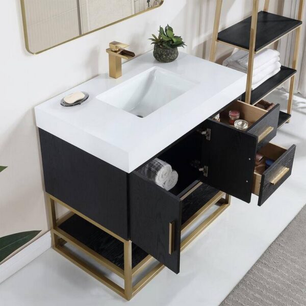 Altair 552036G-BO-WH-NM Bianco 36 Inch Brushed Gold Support Base Freestanding Single Bathroom Vanity in Black Oak with White Composite Stone Countertop without Mirror