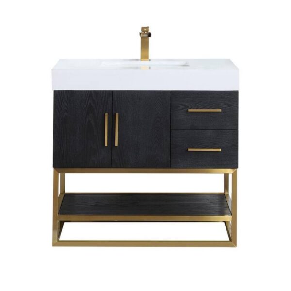 Altair 552036G-BO-WH-NM Bianco 36 Inch Brushed Gold Support Base Freestanding Single Bathroom Vanity in Black Oak with White Composite Stone Countertop without Mirror