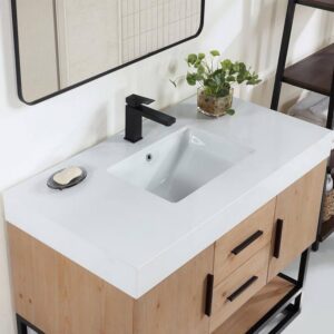 Altair 552042B-LB-WH Bianco 42 Inch Matte Black Support Base Freestanding Single Bathroom Vanity in Light Brown with White Composite Stone Countertop and Mirror