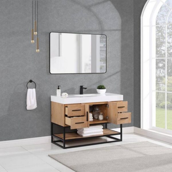 Altair 552048DB-LB-WH Bianco 48D Inch Matte Black Support Base Freestanding Single Bathroom Vanity in Light Brown with White Composite Stone Countertop and Mirror