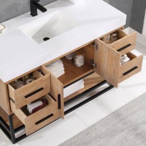 Altair 552048DB-LB-WH Bianco 48D Inch Matte Black Support Base Freestanding Single Bathroom Vanity in Light Brown with White Composite Stone Countertop and Mirror