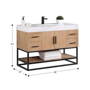 Altair 552048DB-LB-WH-NM Bianco 48D Inch Matte Black Support Base Freestanding Single Bathroom Vanity in Light Brown with White Composite Stone Countertop without Mirror