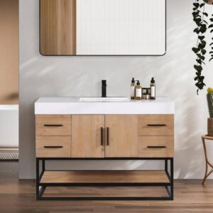 Altair 552048DB-LB-WH-NM Bianco 48D Inch Matte Black Support Base Freestanding Single Bathroom Vanity in Light Brown with White Composite Stone Countertop without Mirror