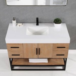 Altair 552048DB-LB-WH-NM Bianco 48D Inch Matte Black Support Base Freestanding Single Bathroom Vanity in Light Brown with White Composite Stone Countertop without Mirror