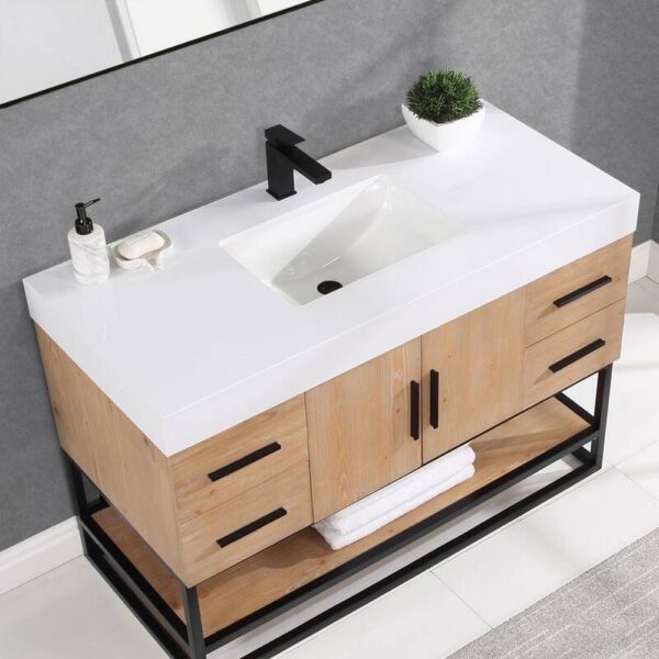 Altair 552048DB-LB-WH-NM Bianco 48D Inch Matte Black Support Base Freestanding Single Bathroom Vanity in Light Brown with White Composite Stone Countertop without Mirror