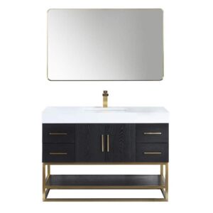 Altair 552048DG-WH Bianco 48D Inch Brushed Gold Support Base Freestanding Single Bathroom Vanity with White Composite Stone Countertop and Mirror