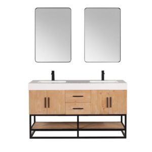 Altair 552060-LB-WH Bianco 59 5/8 Inch Double Bathroom Vanity in Light Brown with White Composite Stone Countertop and Mirror