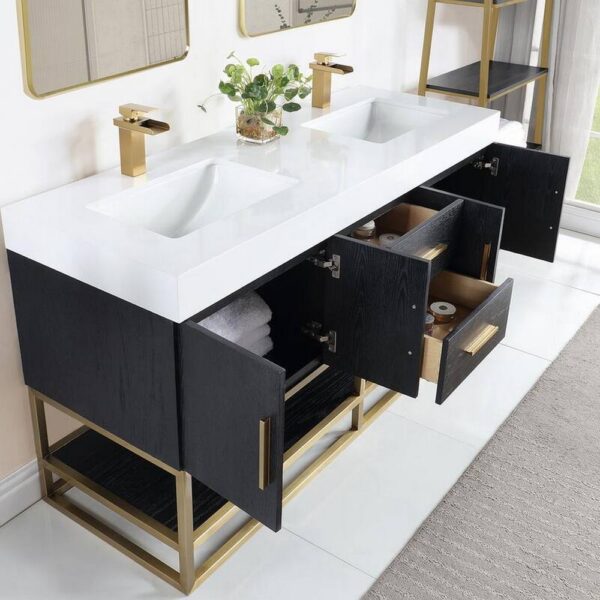 Altair 552060G-BO-WH Bianco 60 Inch Brushed Gold Support Base Freestanding Double Bathroom Vanity in Black Oak with White Composite Stone Countertop and Mirror