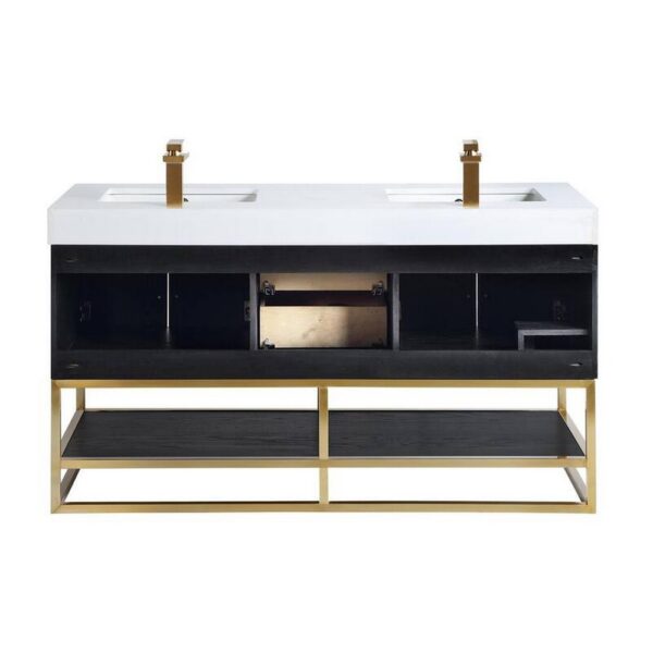 Altair 552060G-BO-WH Bianco 60 Inch Brushed Gold Support Base Freestanding Double Bathroom Vanity in Black Oak with White Composite Stone Countertop and Mirror