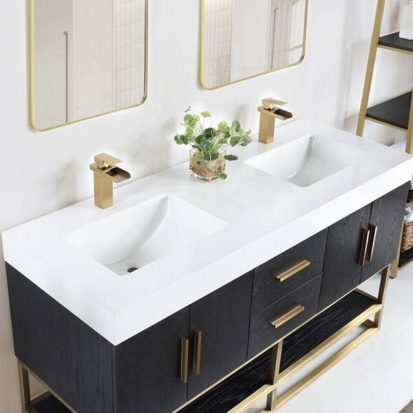 Altair 552060G-BO-WH Bianco 60 Inch Brushed Gold Support Base Freestanding Double Bathroom Vanity in Black Oak with White Composite Stone Countertop and Mirror