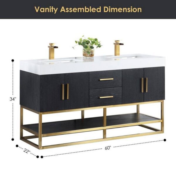 Altair 552060G-BO-WH-NM Bianco 60 Inch Brushed Gold Support Base Freestanding Double Bathroom Vanity in Black Oak with White Composite Stone Countertop without Mirror