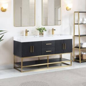 Altair 552060G-BO-WH-NM Bianco 60 Inch Brushed Gold Support Base Freestanding Double Bathroom Vanity in Black Oak with White Composite Stone Countertop without Mirror